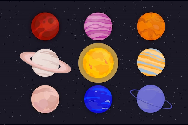 惑星cartoonset 暗い背景に分離されたかわいい惑星イラスト プレミアムベクター