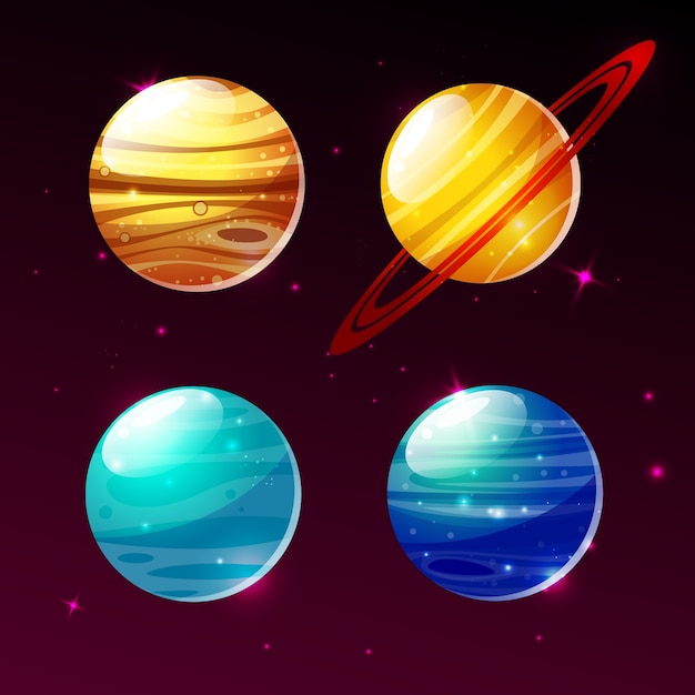 惑星の銀河のイラストアイコン漫画の火星 水星や金星と土星のリング 無料のベクター
