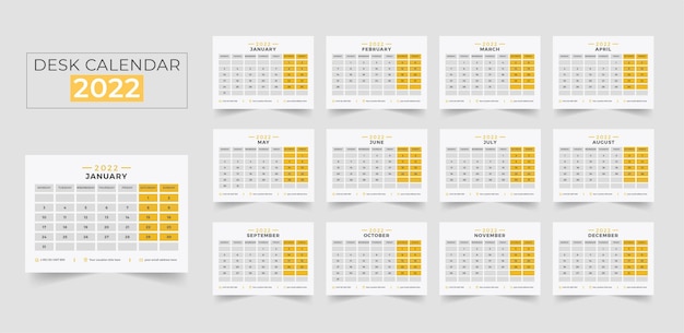 Premium Vector Planner 2022 Year Desk Calendar Template Week Starts Monday Table Schedule Grid Calendar Layout