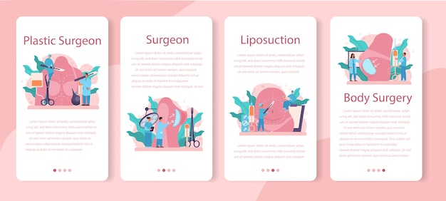 Plastic surgeon mobile application banner set. idea of body correction. implant and liposuction hosp
