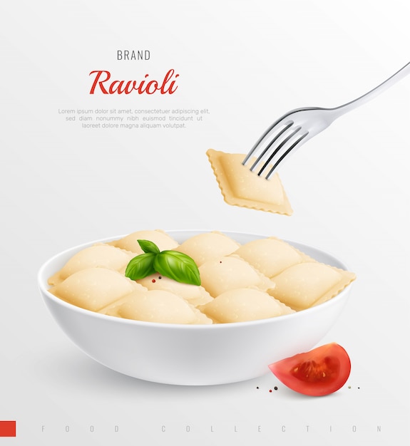 イタリアのメニューの現実的な構成の伝統的な郷土料理としてのラビオリのプレート 無料のベクター