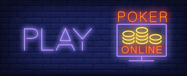 Play poker online in neon style. text, screen and chips on brick wall ...