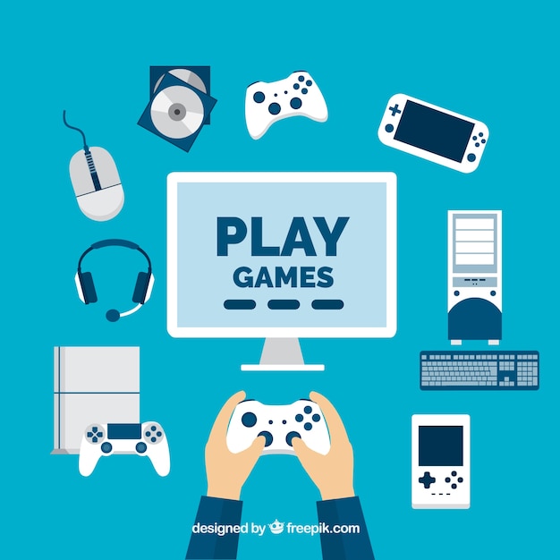 Player with video game elements in flat design Free Vector