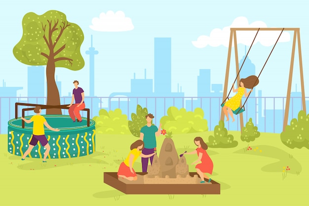 夏の公園 イラストの遊び場 子供の頃の屋外 子供たち幸せな少年少女キャラクターは自然で遊ぶ 幼稚園での子供たちの活動 ブランコでかわいい子供 プレミアムベクター