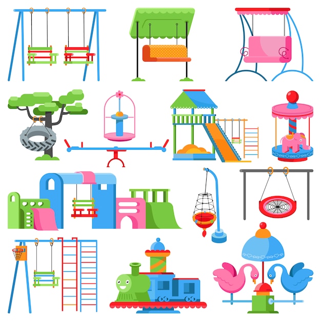 Playground vector kids park to play swing slide outdoor for fun illustration set Premium Vector