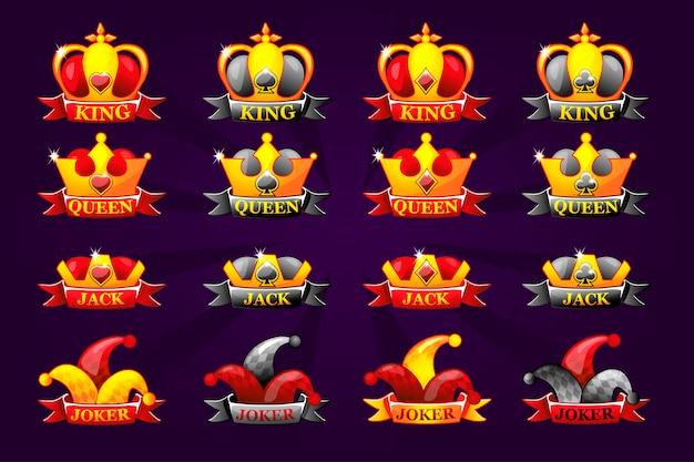 Premium Vector Playing Cards Icons With Crown And Ribbon Poker Symbols For Casino And Gui Graphic King Queen Jack Ace And Joker