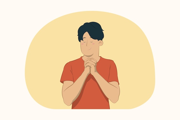 Premium Vector | Pleading young man holding hands folded in pray concept