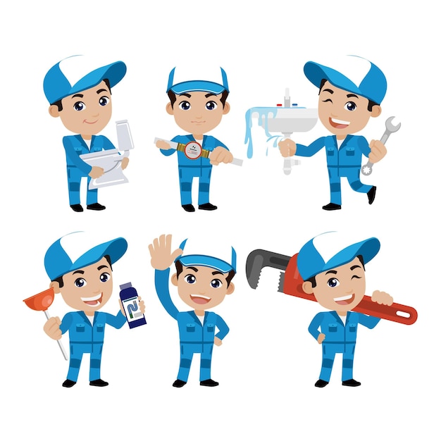 Premium Vector | Plumber character with different poses