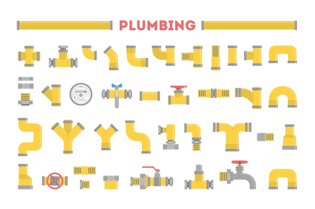 配管工セット パイプのコレクション 配管業界 黄色のパイプライン要素 産業技術 スタイルのイラスト プレミアムベクター