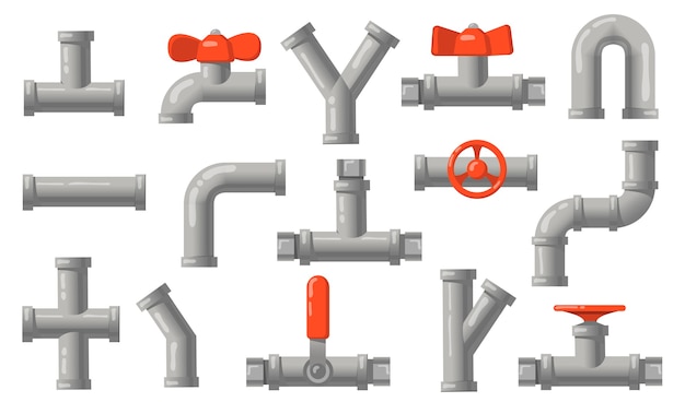 配管パイプセット バルブ付きの灰色の金属管 工業用パイプライン 排水管が分離されています エンジニアリング 接続システムの概念のフラットベクトルイラスト 無料のベクター