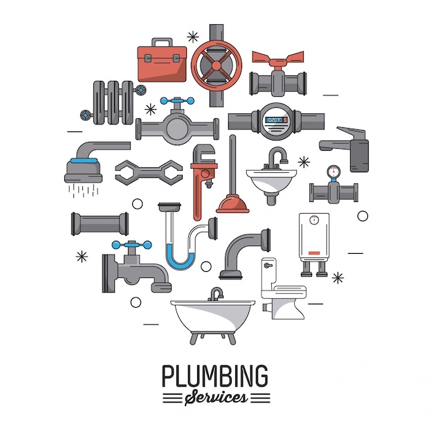 Plumbing services with icons set of plumbing Premium Vector