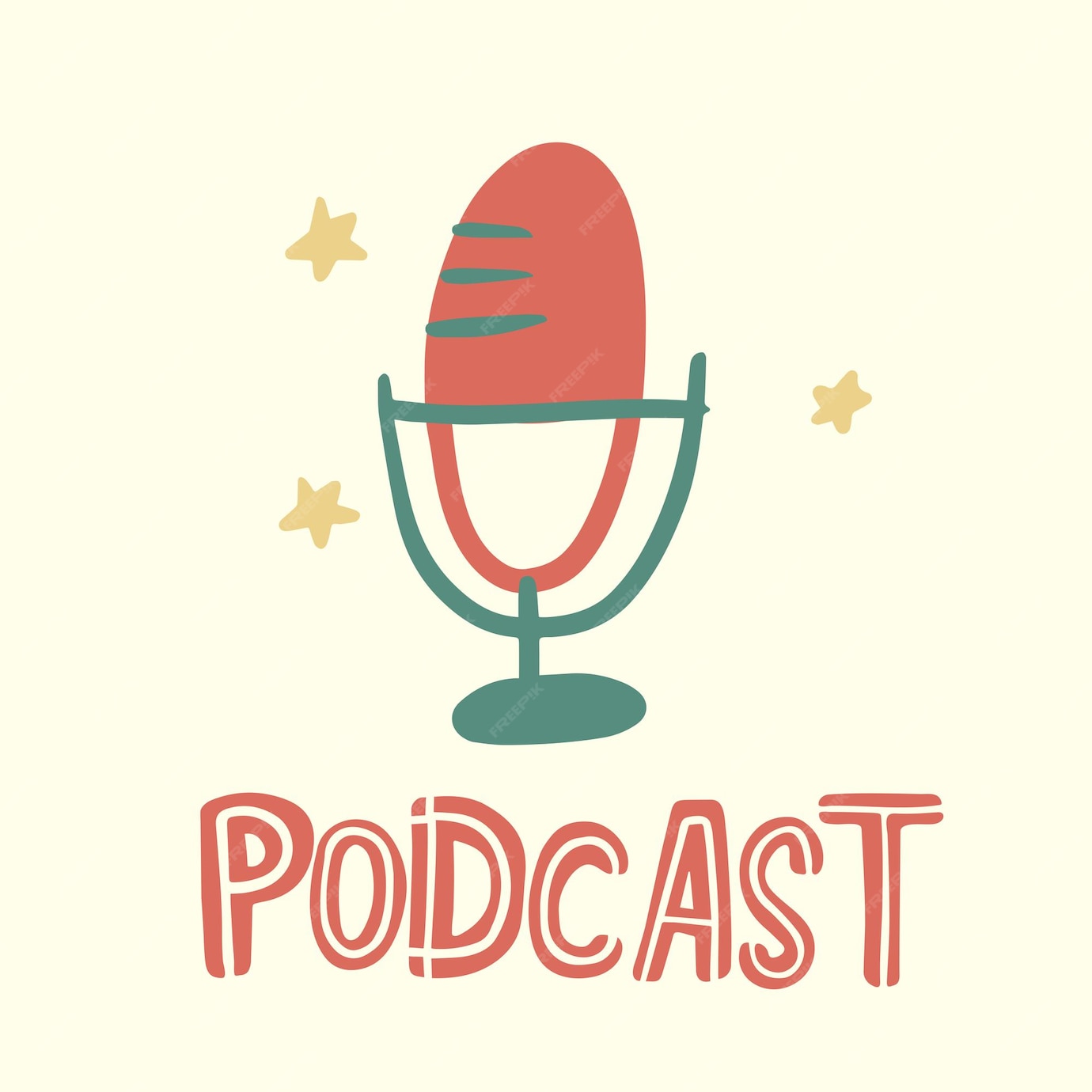 Premium Vector Podcast. hand drawing lettering, cartoon microphone.