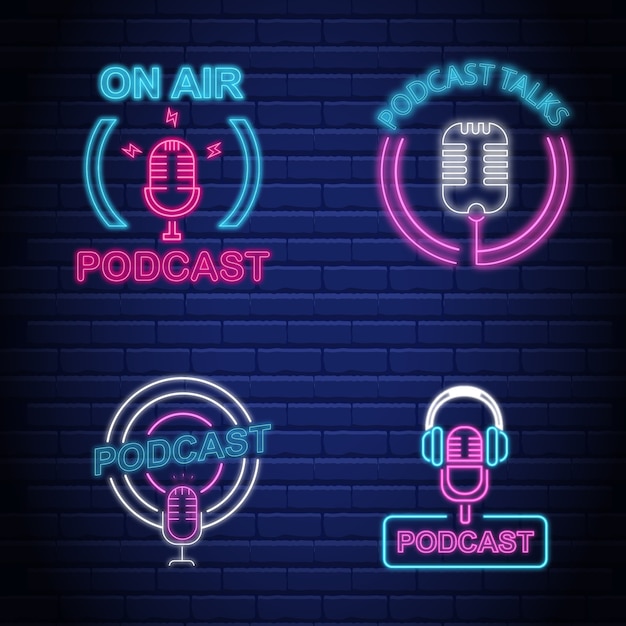 Premium Vector | Podcast and microphone icon neon signs style set effects