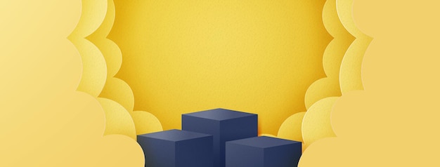  Podium in abstract minimal scene with geometric shape of yellow clouds,product presentation backgro