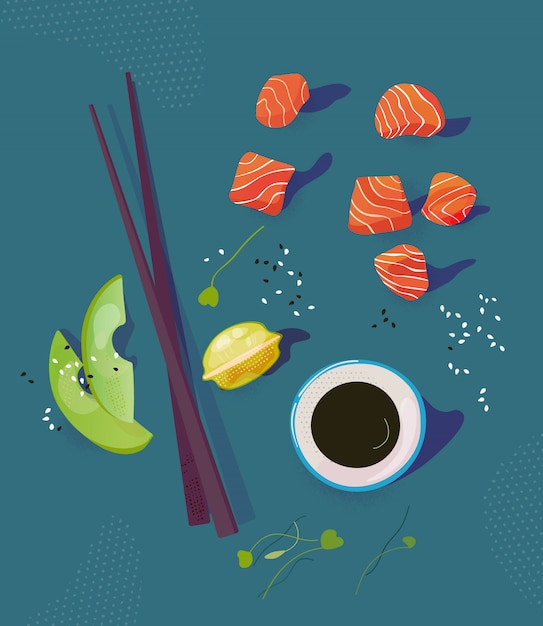 Premium Vector | Poke bowl ingredients vector illustration. salmon ...