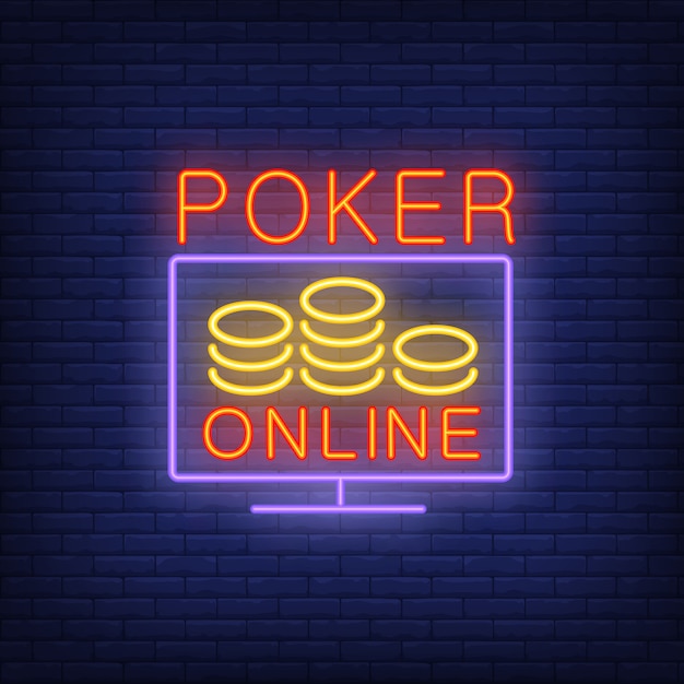 Poker online banner in neon style on brick background. | Free Vector