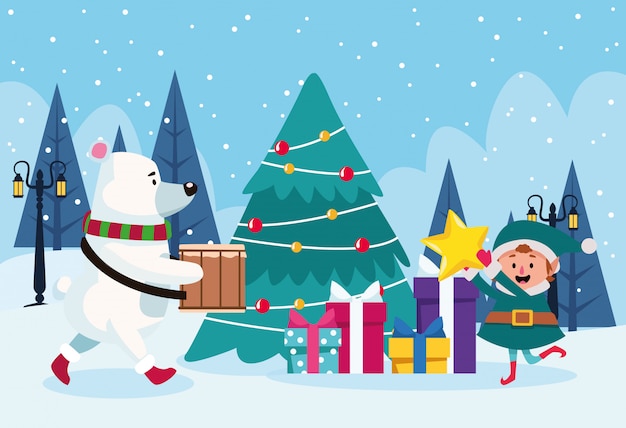 Polar bear and santas helper around a christmas tree with gift boxes over winter scenary , colorful , illustration Premium Vector