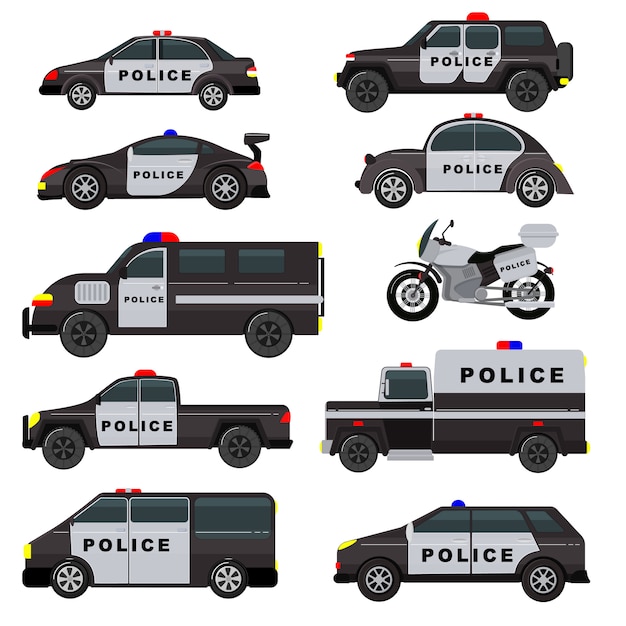 パトカー緊急ポリシー車両トラックとsuv自動車パトロールと警官バイクイラストセットの警察官輸送と白い背景で隔離の警察サービス自動 プレミアムベクター