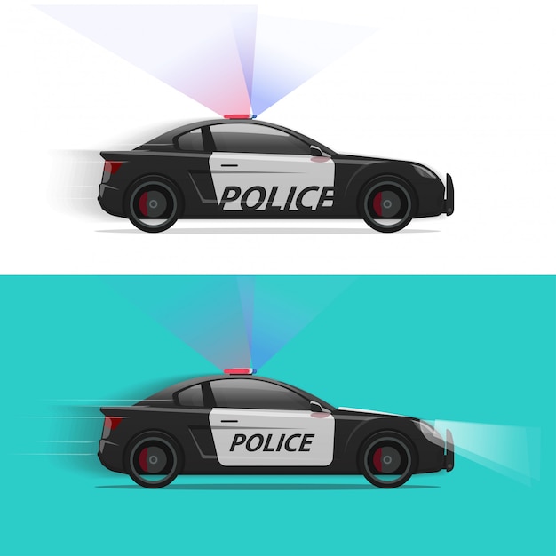 サイレンフラッシャーライトまたはパトカー車両側面図分離フラット漫画イラストクリップアートイメージで高速移動パトカー プレミアムベクター