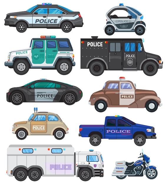 パトカーのポリシー車両とバイクまたは警察官のイラストセットのオートバイの警察官輸送と警察サービスの自動バンまたは白い背景で隔離のトラック プレミアムベクター