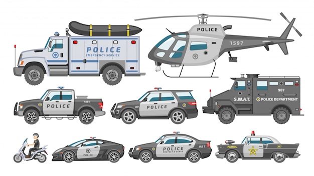 パトカーのポリシー車両またはヘリコプターと警官のバイクイラストセットに白い背景の上の警察官輸送と警察サービス自動 プレミアムベクター