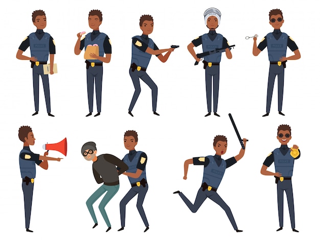 警察のキャラクター パトロール警官セキュリティ機関マスコットアクションでポーズ漫画イラスト プレミアムベクター