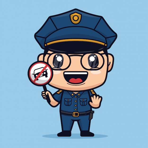 停止車の看板かわいい漫画のキャラクターを保持している警察 プレミアムベクター