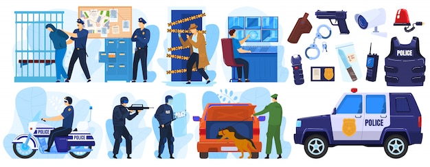 Premium Vector | Police illustration set, cartoon policeman and ...