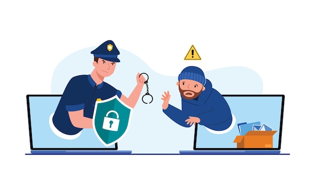 The police man with handcuffs to catch the thief on a computer screen, abstract security protection digital data with thefts data, data security concept, isolated flat Free Vector