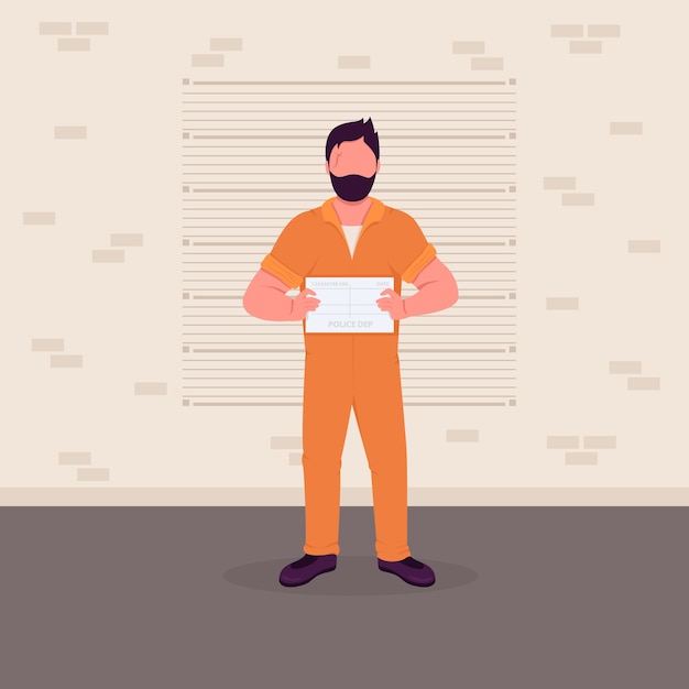 警察のマグショットフラットカラーイラスト 刑務所の写真 刑事容疑者 囚人を捕まえた 拘置所 壁の背景に高さグリッドを持つ逮捕された男の2d漫画のキャラクター プレミアムベクター
