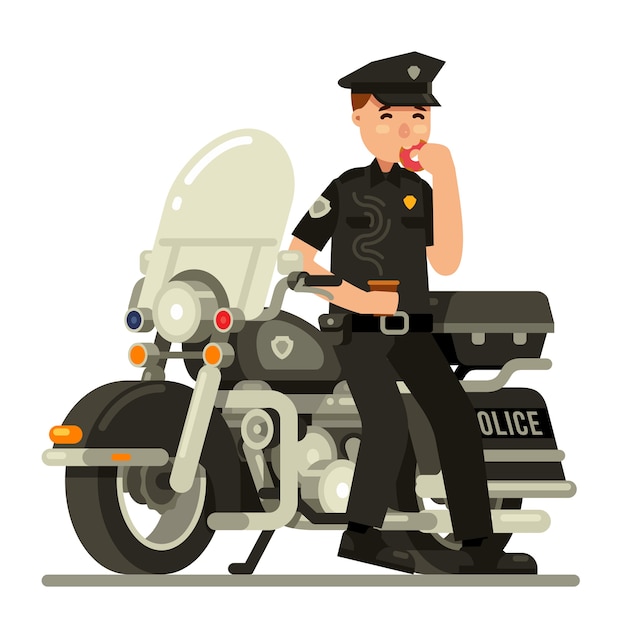 警察官がフラットスタイルのオートバイでドーナツを食べる プレミアムベクター