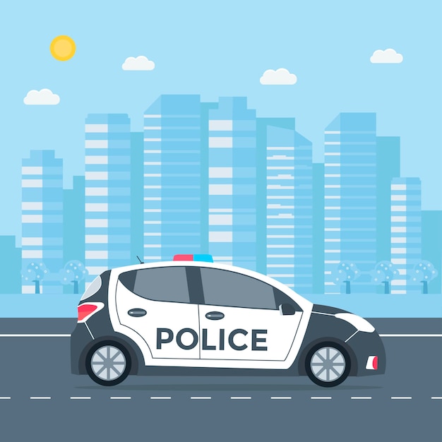 Premium Vector | Police patrol on a road with police car, house, nature ...