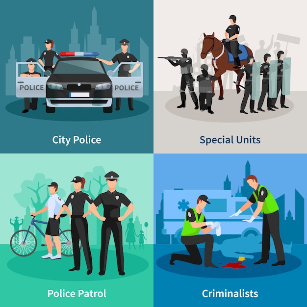市警察特殊部隊刑事犯と警察パトロールデザイン構成ベクトルイラストの警察人フラットコンセプトセット 無料のベクター