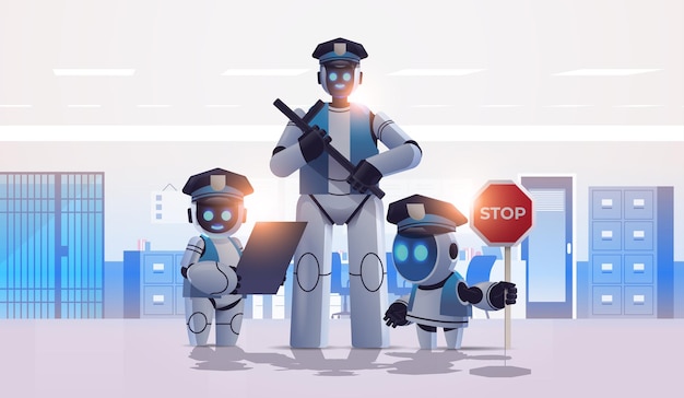 Police robots patrol cops in uniform standing together artificial intelligence technology Premium Vector