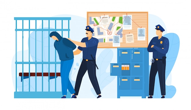 Police station place, detention criminal by police officer work militia, felon man put prison isolated on white, cartoon illustration. Premium Vector