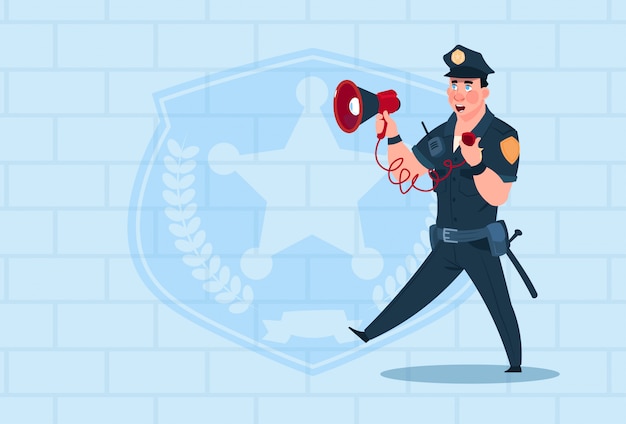 Policeman hold megaphone wearing uniform cop guard over brick background Premium Vector