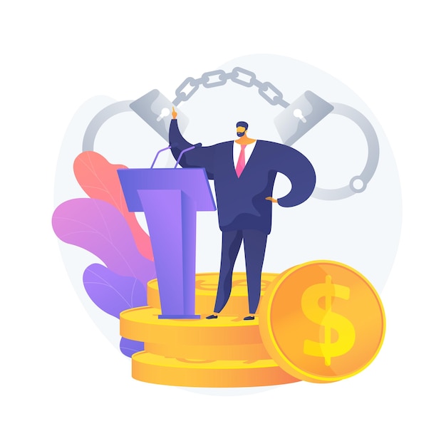 Political crime. lawyer cartoon character in a business suit stands on podium with microphones. important event, conference, handcuffs. Free Vector