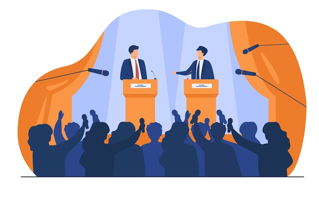 Politicians talking or having debates in front of audience flat vector illustration. cartoon male public speakers standing on rostrum and arguing. Free Vector