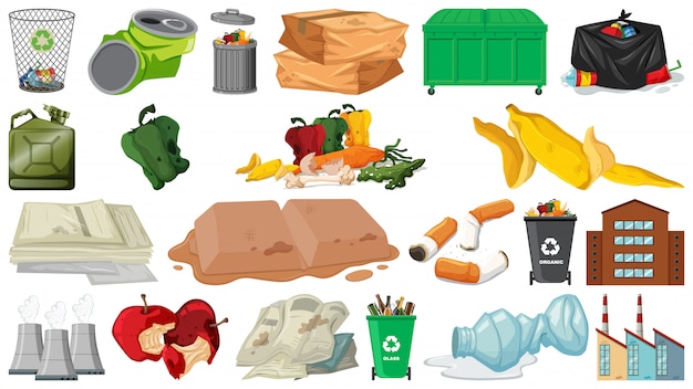 Pollution, litter, rubbish and trash objects isolated Free Vector
