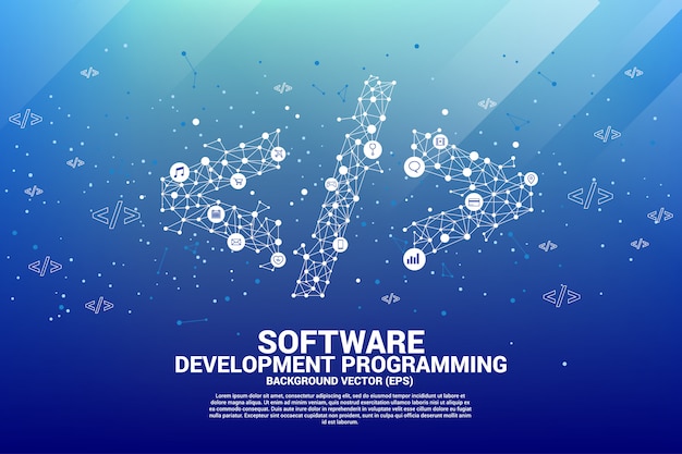 Polygon software development programming tag with dot connect line and functional Premium Vector