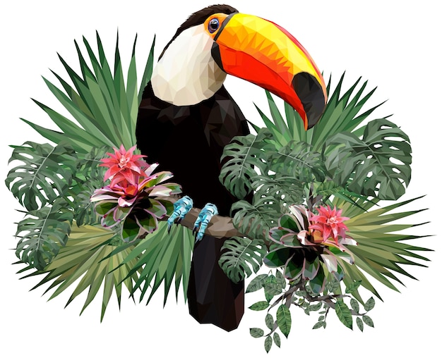 オオハシの鳥とアマゾンの森の植物の多角形のイラスト プレミアムベクター