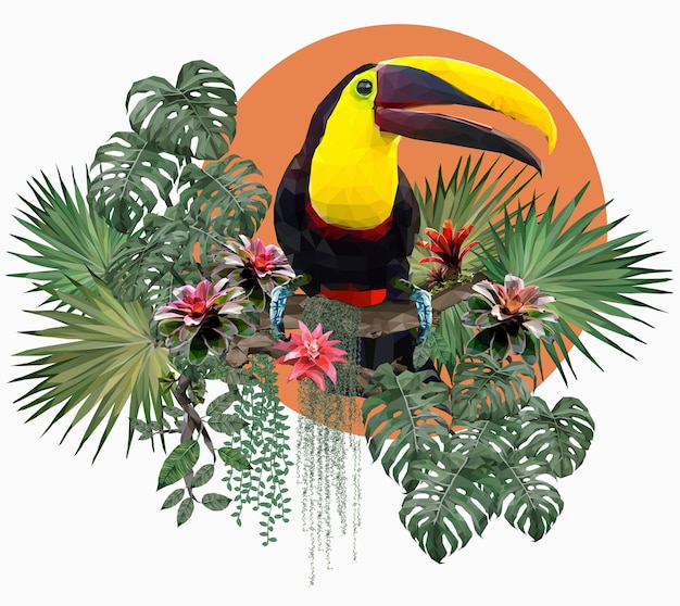 多角形のイラストオオハシの鳥とアマゾンの森の植物 プレミアムベクター