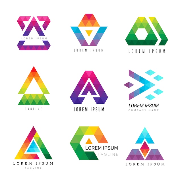 多角形の三角形のロゴ ビジネス色のアイデンティティ抽象的なシンボルポリゴン装飾ベクトルグラフィック イラスト現代ビジネス幾何学的ポリゴン ロゴタイプ企業 プレミアムベクター