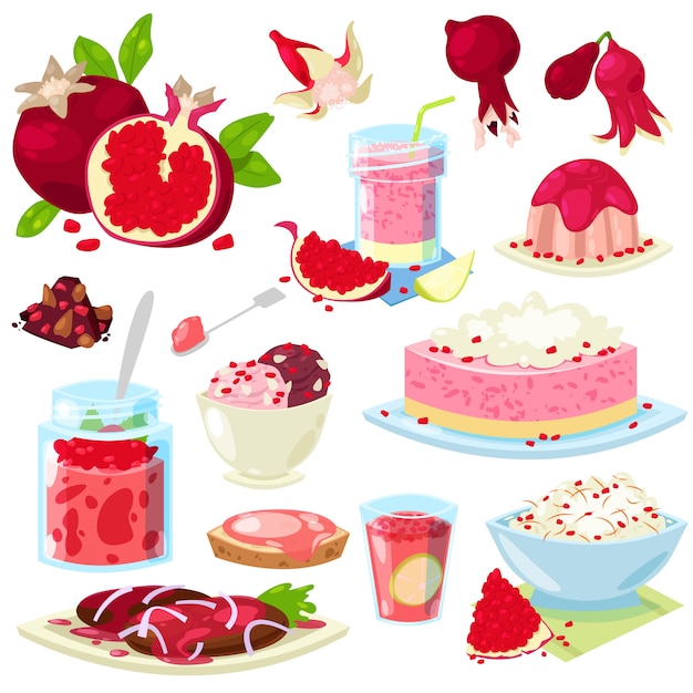 ザクロの新鮮なフルーティーな食品デザートアイスクリームやザクロの木のイラストの甘いフルーツとガーネットのケーキ プレミアムベクター