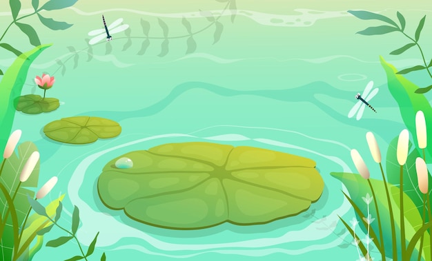 スイレンとユリの植物草と葦と池 沼または湖の風景の水平方向の背景 子供のための緑の色調の沼のイラスト 水彩風の空の自然ベクトルの背景 プレミアムベクター