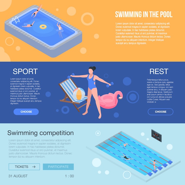 Pool equipment banner set. isometric set of pool equipment vector banner for web design Premium Vector