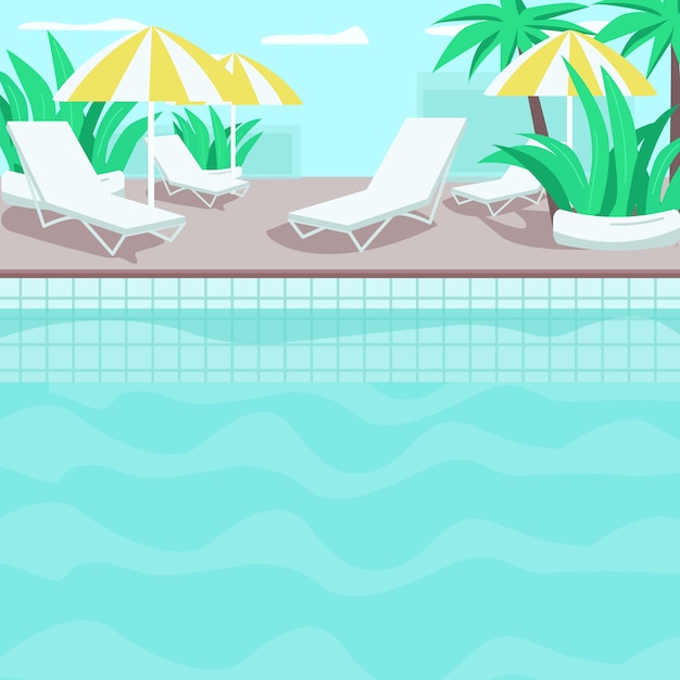 プールサイドフラットカラーイラスト 住宅ホテル プレミアムトロピカルリゾート ヤシと植物 澄んだ青い水 ラウンジャーとパラソルの背景を持つプール2 D漫画風景 プレミアムベクター
