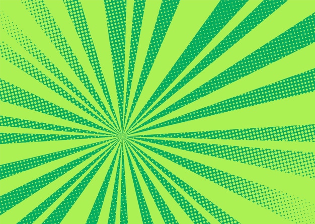 ポップアートの背景 コミックハーフトーンパターン 点と光線の緑の漫画 ヴィンテージのデュオトーンの質感 プレミアムベクター