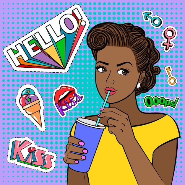 飲み物とポップアートの黒人の女の子 紙コップ ファッショナブルなアフリカ系アメリカ人女性のレトロなイラストを保持している美しいかわいい漫画の女性 プレミアムベクター