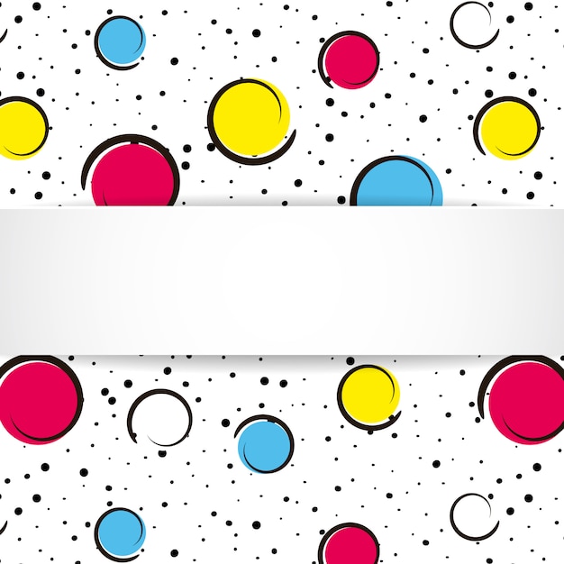 ポップアートのカラフルな紙吹雪の背景 大きな色の斑点と黒い点とインクの線で白い背景上の円 ポップなアートスタイルの3 Dの紙皿とバナー 明るいデザイン プレミアムベクター